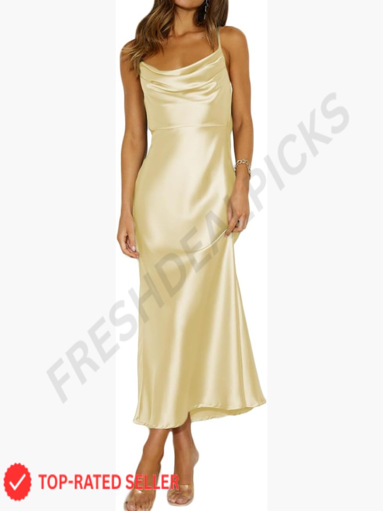 Satin Spaghetti Strap Cowl Neck Backless Midi Dress Elegant Ruched Cocktail